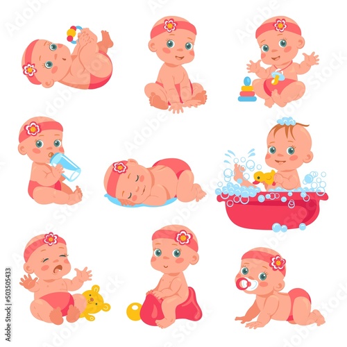 Newborn baby girl. Happy kid in pink headband and diaper. Daily toddler care. Little child in bathroom. Infancy age. Different emotions. Daughter playing or sleeping. Vector infants set