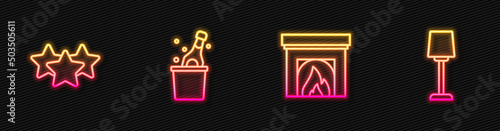 Set line Interior fireplace, Stars rating, Bottle of champagne and Table lamp. Glowing neon icon. Vector