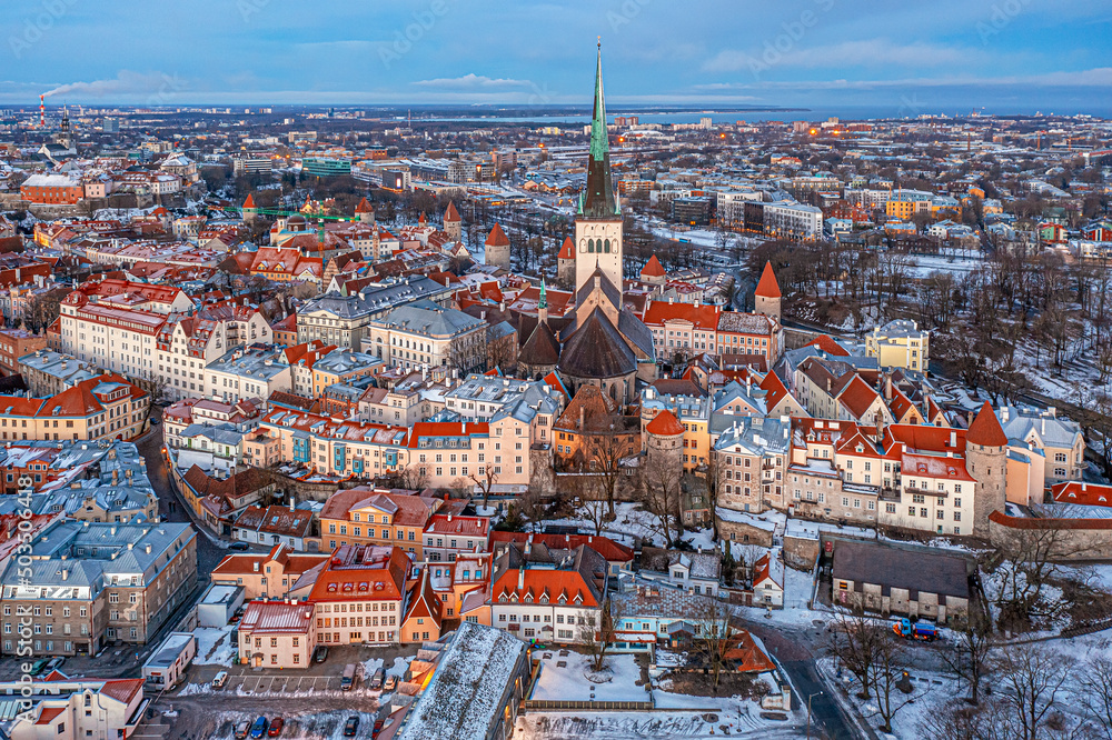 Aerial view to the city of Tallinn on a cold winter morning