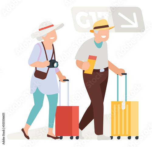 Seniors with suitcases. Old people traveling together