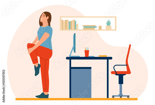 Workplace workout people. Woman doing sport exercises in office. Work break. Healthy lifestyle. Workspace physical training scene. Vector worker standing in fitness stretching position