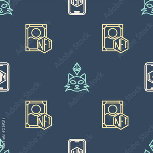 Set line Mobile with art store app, NFT Digital crypto and on seamless pattern. Vector