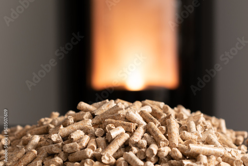 Tablou pe pânză Modern domestic pellet stove, granules stove with flames