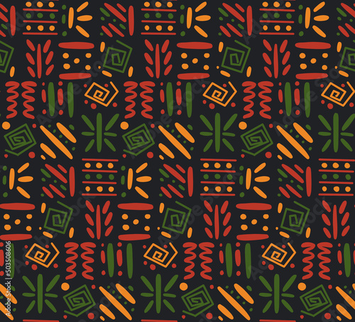 African clash ethnic tribal seamless pattern background. Vector red, yellow, green symbols, square repeat lines backdrop for Black History Month, Juneteenth, Kwanzaa print, banner, wallpaper