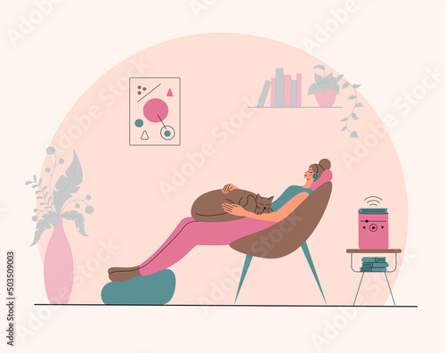 Beautiful young woman in a wireless headphones listening to an audiobook. Girl listen to a podcast. Concept of online learning of a language lesson. Flat vector illustration. Relax at home. 