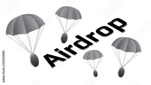 Concept Airdrop coins on parachutes and big isometric text isolated on white background. Blank coins with copy space for token logo or symbol.
