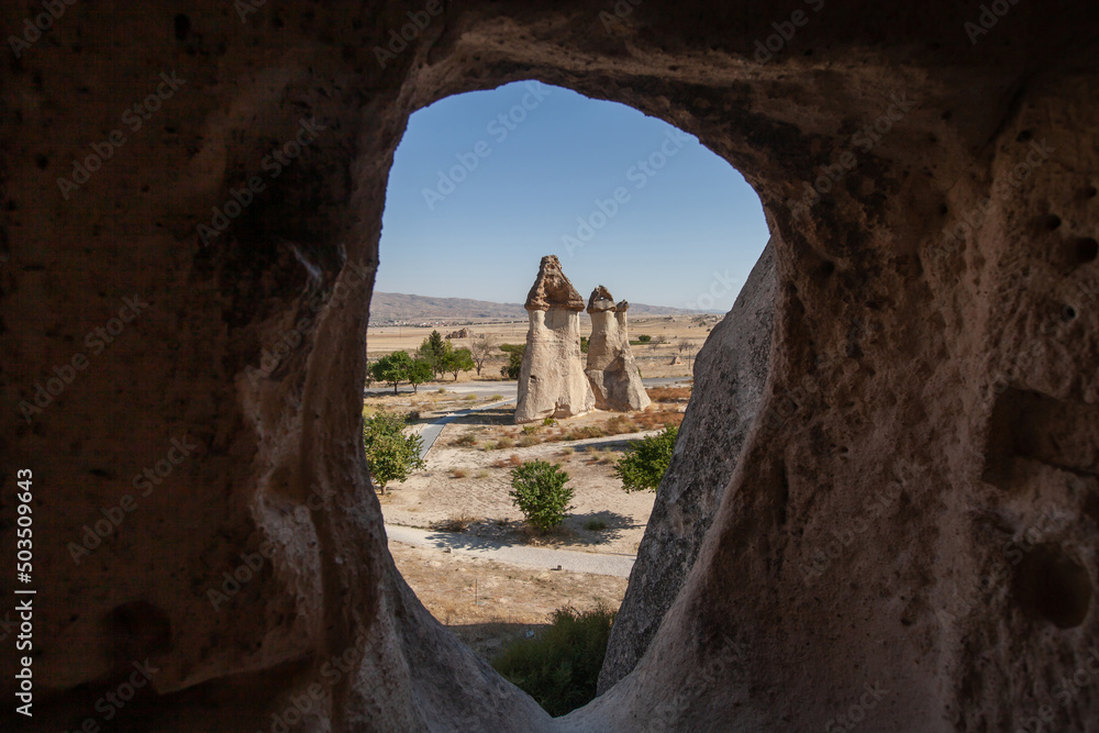 fairy chimneys in Goreme, Cappadocia open air museum, Turkey, view from window of cave house