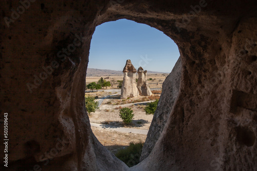 fairy chimneys in Goreme, Cappadocia open air museum, Turkey, view from window of cave house