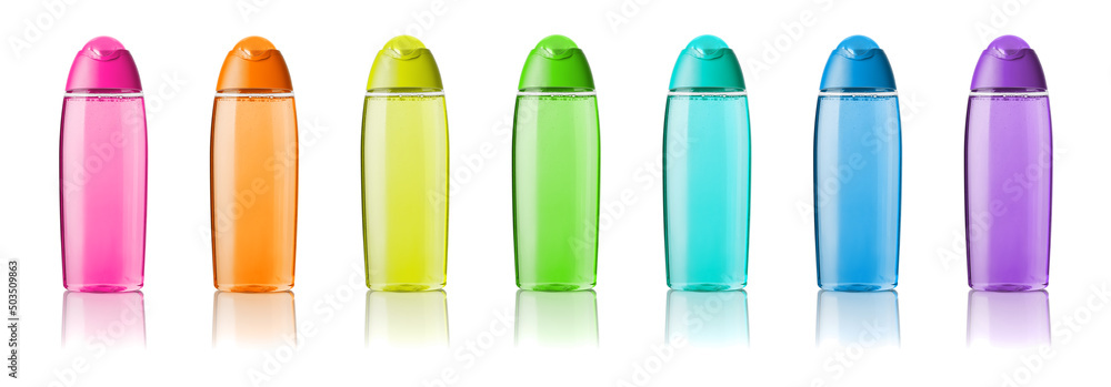 Shower gel multicolored set in a transparent bottles isolated on white background. Colorful shampoo containers cutout. Cosmetic tubes for body care and beauty product. Toiletries mockup. Shower gel multicolored set in a transparent bottles isolated on white background. Colorful shampoo containers cutout. Cosmetic tubes for body care and beauty product. Toiletries mockup.