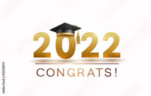 Graduate college, high school or university cap with gold Congrats 2022 isolated on white background. Vector black student ceremony hat and congratulation ceremony banner