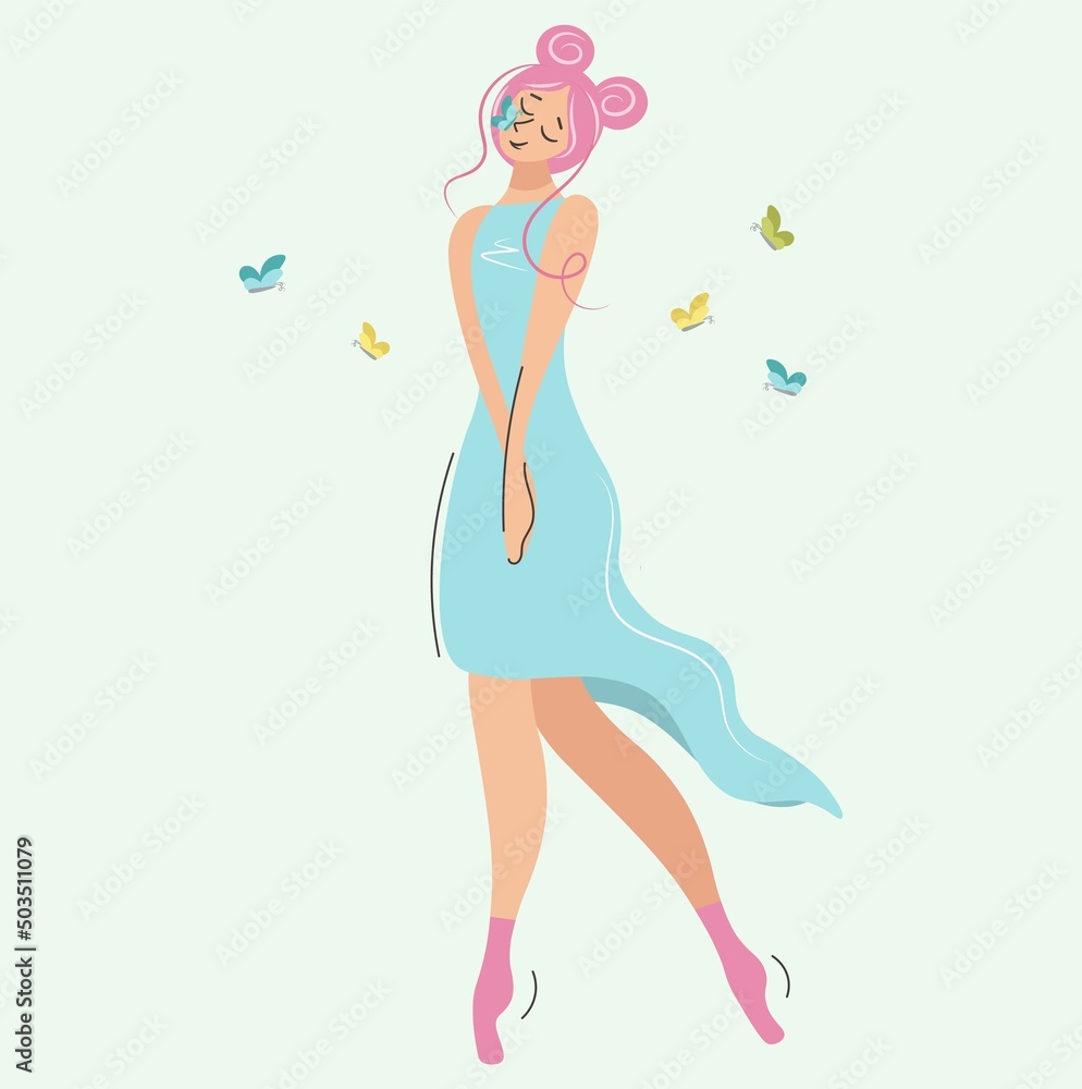 Girl with a butterfly on her nose.Cute pensive woman with pink showers. Beautiful modest woman ballerina or fairy on a gentle green background. Modern fashion character in flat style. Girl with a butterfly on her nose.Cute pensive woman with pink showers. Beautiful modest woman ballerina or fairy on a gentle green background. Modern fashion character in flat style.
