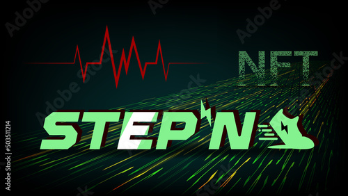 STEPN company logo icon and text NFT with red heartbeat string on dark background. Earn GMT tokens while walking in NFT sneakers with Move to Earn concept.
