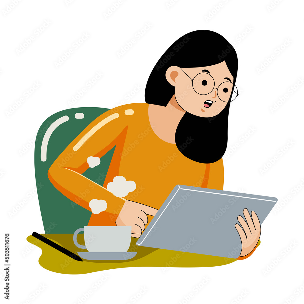 Woman working with graphic tablet in flat design style