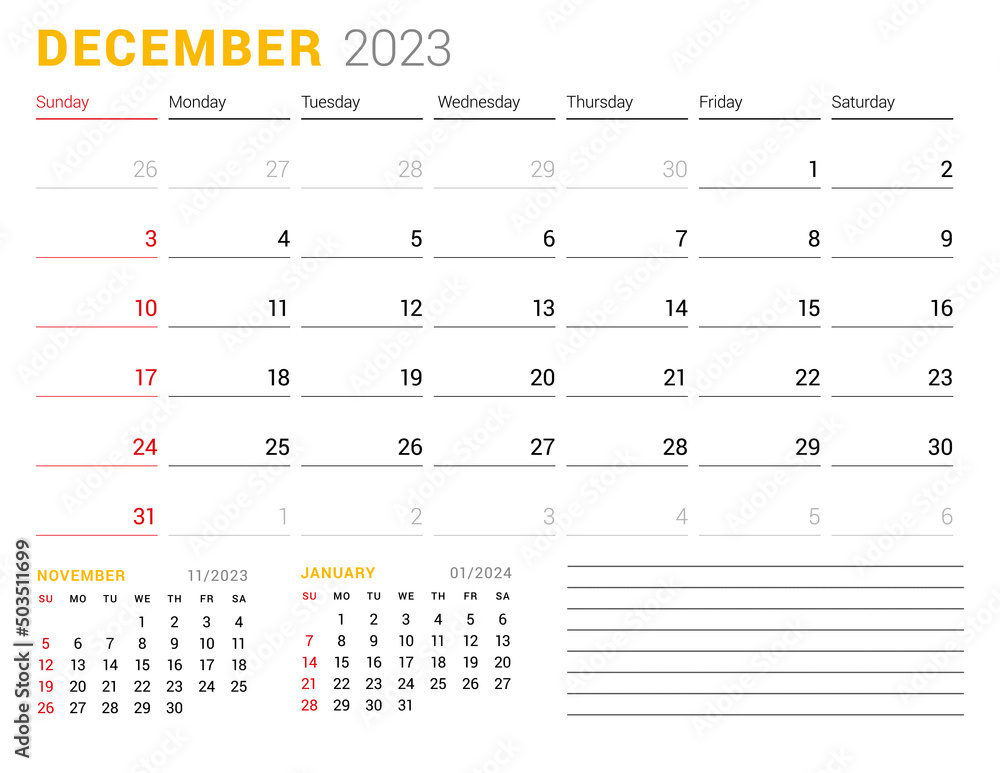 Calendar template for December 2023. Business monthly planner. Stationery design. Week starts on Sunday. Calendar template for December 2023. Business monthly planner. Stationery design. Week starts on Sunday.