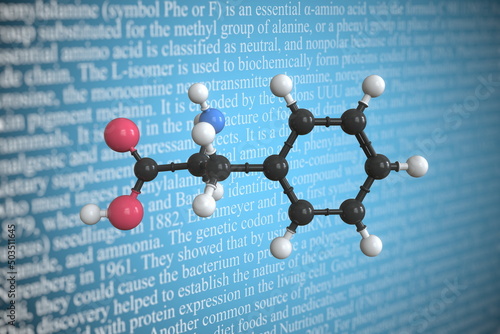 Molecular model of phenylalanine, 3D rendering photo