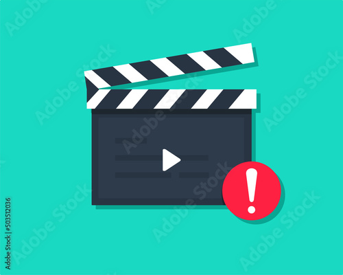 Clapper boardicon with exclamation mark. Video movie file error. Vector illustration