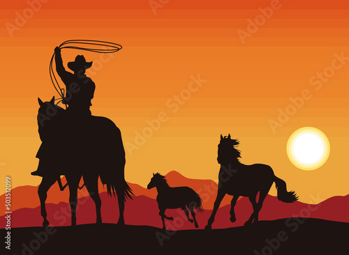 Canvas-taulu cowboy with horses silhouette