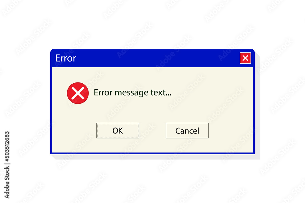 Error window on computer. Error message on 90s pc system. Alert message from old interface. Warning from software. Vintage window with notification and buttons. Vector Error window on computer. Error message on 90s pc system. Alert message from old interface. Warning from software. Vintage window with notification and buttons. Vector