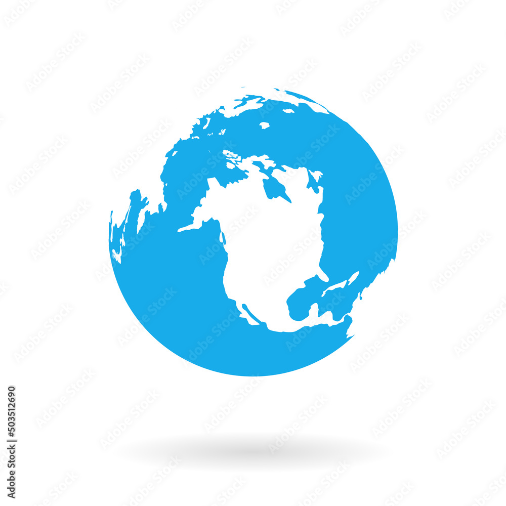 Globe earth. Blue globe of world. Map with water. Planet with europe, america, africa and asia. Earth sphere with shadow isolated on white background. Vector illustration Globe earth. Blue globe of world. Map with water. Planet with europe, america, africa and asia. Earth sphere with shadow isolated on white background. Vector illustration