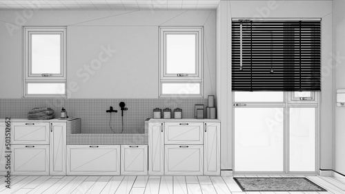 Unfinished project draft, space devoted to pet, modern laundry room with cabinets and dog bath shower with mosaic tiles and faucet. Parquet floor and windows. Mudroom interior design