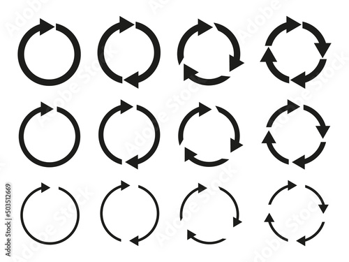 Circular arrows. Round arrow icons. Circle loop for reset, spin, repeat and reload. Set of arrows for rewind, rotate, synchronize and ui. Isolated symbols. Vector