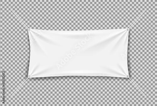 Fabric banner with rope. White canvas banner. Hanging textile flag with folds. Mockup of fabric poster with rope. Blank horizontal mockup of flag isolated on transparent background. Vector