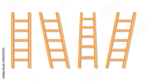 Wooden ladder. Isometric wooden ladders. Wood stair. Wood staircase. Set of cartoon stairs with shadow for construction, painter and work. Stepladder isolated on white background. Vector