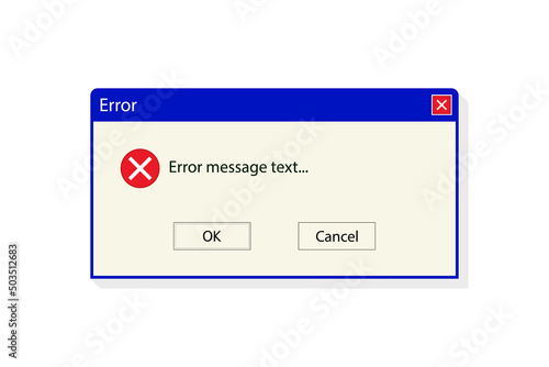 Error window on computer. Error message on 90s pc system. Alert message from old interface. Warning from software. Vintage window with notification and buttons. Vector