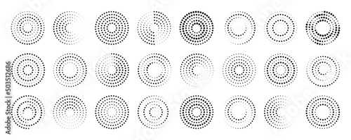 Circle dot pattern. Halftone round dot pattern. Spiral halftone frame. set of abstract ripple patterns. Circular graphic textures isolated on white background. Half tone elements. Vector photo