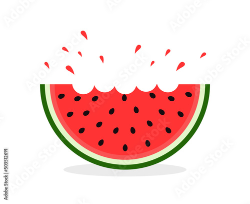 Watermelon slice with bite. Icon of watermelon slice. Half water melon. Logo of juicy water melon in flat style. Cartoon icon isolated on white background. Vector