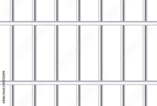 Prison background. Metal cage background. Prison metal rod bar. Jail iron. Steel cage on white background. Realistic gaol grate. Behind lattice. Crime, justice and security. Vector