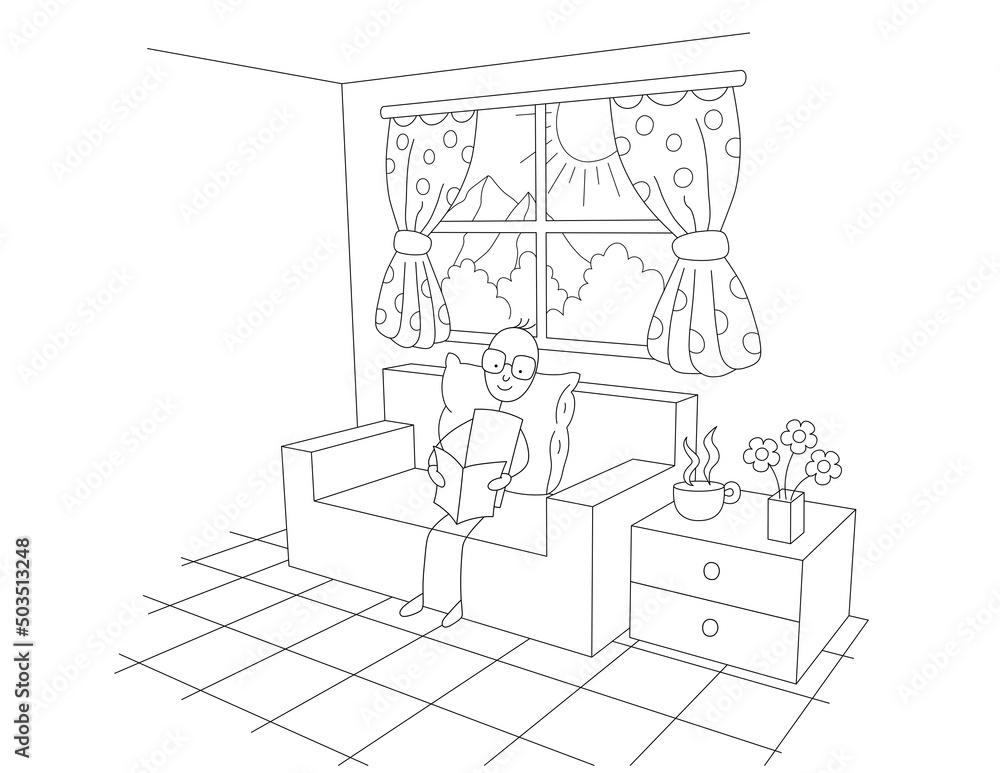 stick figure man or dad relaxed sitting on the couch and reading a book, funny 3d drawing of a room with a window stick figure man or dad relaxed sitting on the couch and reading a book, funny 3d drawing of a room with a window