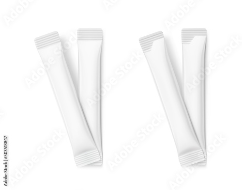 Realistic couple stick pack for products of the food and cosmetic industry on white background. Possibility use for granulated, powder and liquid products. Coffee, 3 in 1, sugar. Vector illustration 