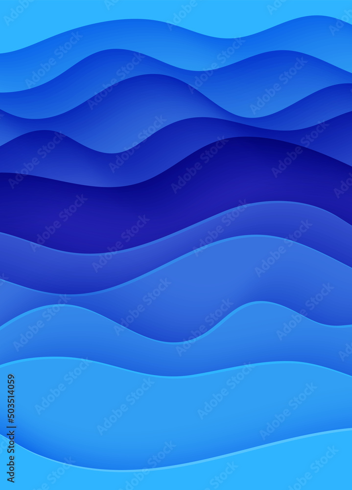 Abstract background with water waves in paper cut style. 3d wallpaper with cut out deep wavy modern cover. Blue color layers with smooth shadow papercut art. Vector illustration, origami shapes Abstract background with water waves in paper cut style. 3d wallpaper with cut out deep wavy modern cover. Blue color layers with smooth shadow papercut art. Vector illustration, origami shapes