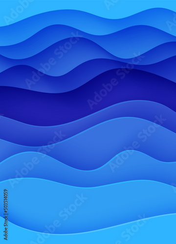 Abstract background with water waves in paper cut style. 3d wallpaper with cut out deep wavy modern cover. Blue color layers with smooth shadow papercut art. Vector illustration, origami shapes