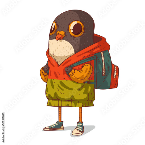 A Schoolboy, isolated vector illustration. Cute anthropomorphic pigeon wearing a casual outfit and a backpack. Humanized student bird with a school bag. A pupil. An animal character with a human body.