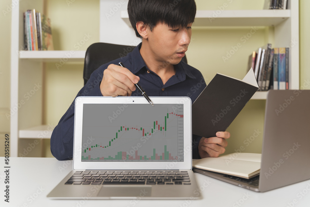 Asian teacher teach on trading, money investing on stock market, Bitcoin Cryptocurrency on online platform. Investor, trader, businessman teach on laptop with stock market, Cryptocurrency price chart. Asian teacher teach on trading, money investing on stock market, Bitcoin Cryptocurrency on online platform. Investor, trader, businessman teach on laptop with stock market, Cryptocurrency price chart.