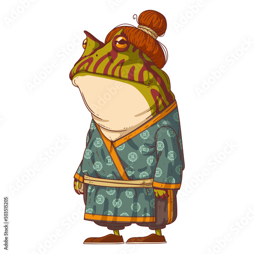 Oriental Frog, isolated vector illustration. Calm anthropomorphic horned frog wearing oriental outfit. A humanized toad wearing a suit with beautiful ornament. An animal character with a human body.