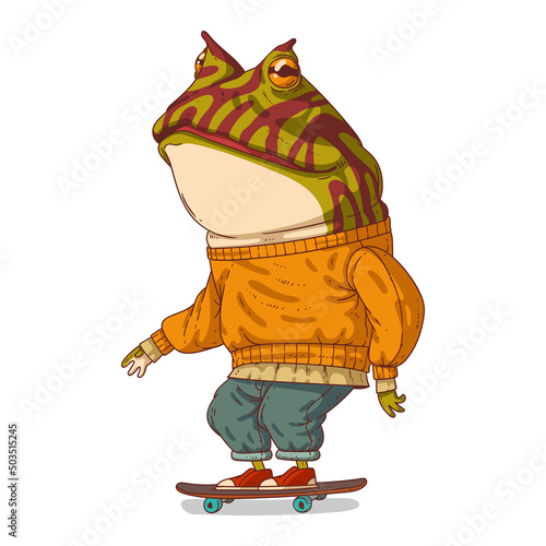 A Skateboarder, isolated vector illustration. Anthropomorphic horned frog in a casual outfit riding a skateboard. Young humanized trendy dressed toad skater. An animal character with a human body.