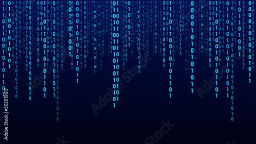 Matrix background. Cyber security with binary code. Rapidly falling randomly blue numbers. Decoding algorithms hacked software. Big data visualization.