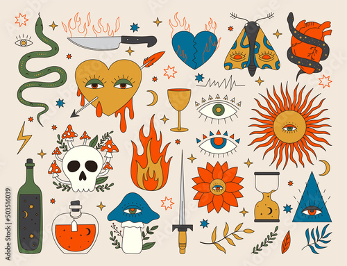Vector set of 70s psychedelic tattoo clipart. Retro groovy graphic elements of snake, heart, skull, eye, mushrooms, potion. Cartoon hippy stickers. Vintage boho illustrations