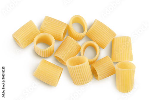 raw italian pasta isolated on white background with clipping path . Mezze Maniche Rigate Bronze die. Top view. Flat lay