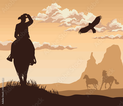 cowboy with horses and eagle
