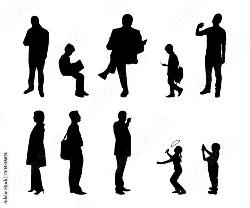 Vector silhouettes, Outline silhouettes of people, Contour drawing, people silhouette, Icon Set Isolated, Silhouette of sitting people, Architectural set	
