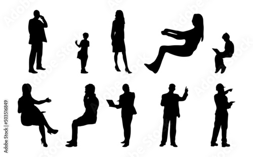 Vector silhouettes, Outline silhouettes of people, Contour drawing, people silhouette, Icon Set Isolated, Silhouette of sitting people, Architectural set	
