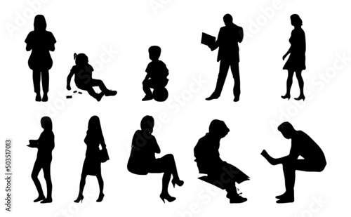 Vector silhouettes, Outline silhouettes of people, Contour drawing, people silhouette, Icon Set Isolated, Silhouette of sitting people, Architectural set	
