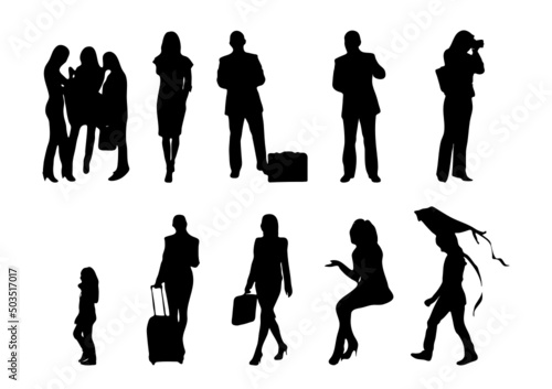 Vector silhouettes, Outline silhouettes of people, Contour drawing, people silhouette, Icon Set Isolated, Silhouette of sitting people, Architectural set	
