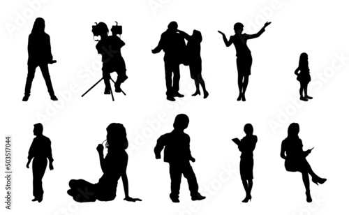 Vector silhouettes, Outline silhouettes of people, Contour drawing, people silhouette, Icon Set Isolated, Silhouette of sitting people, Architectural set	
