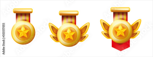 Game gold medal set, vector winner victory badge kit, UI award icon, rank achievement coin on white. Level up bonus trophy, rating star, metal first place emblem, champion label. Game medal clipart