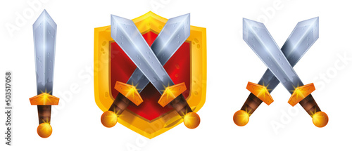 Game shield UI icon set, vector crossed iron medieval swords logo, warrior coat of arms on white. Metal silver blade, royal king armor, knight weapon assets, winner badge. Old defense shield and sword